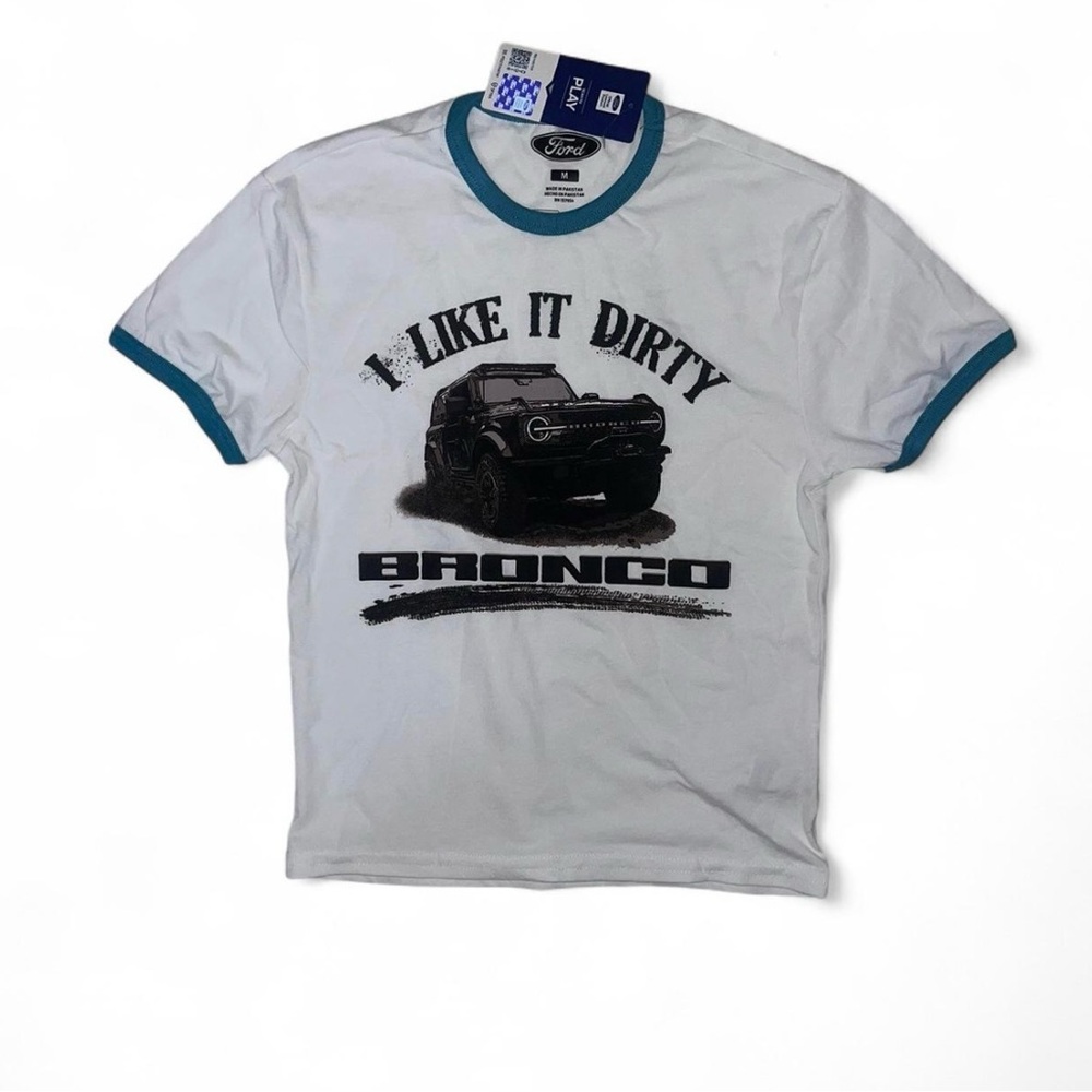 Ford Bronco I Like It Dirty Baby Tee in White and Blue Size Medium. NWT